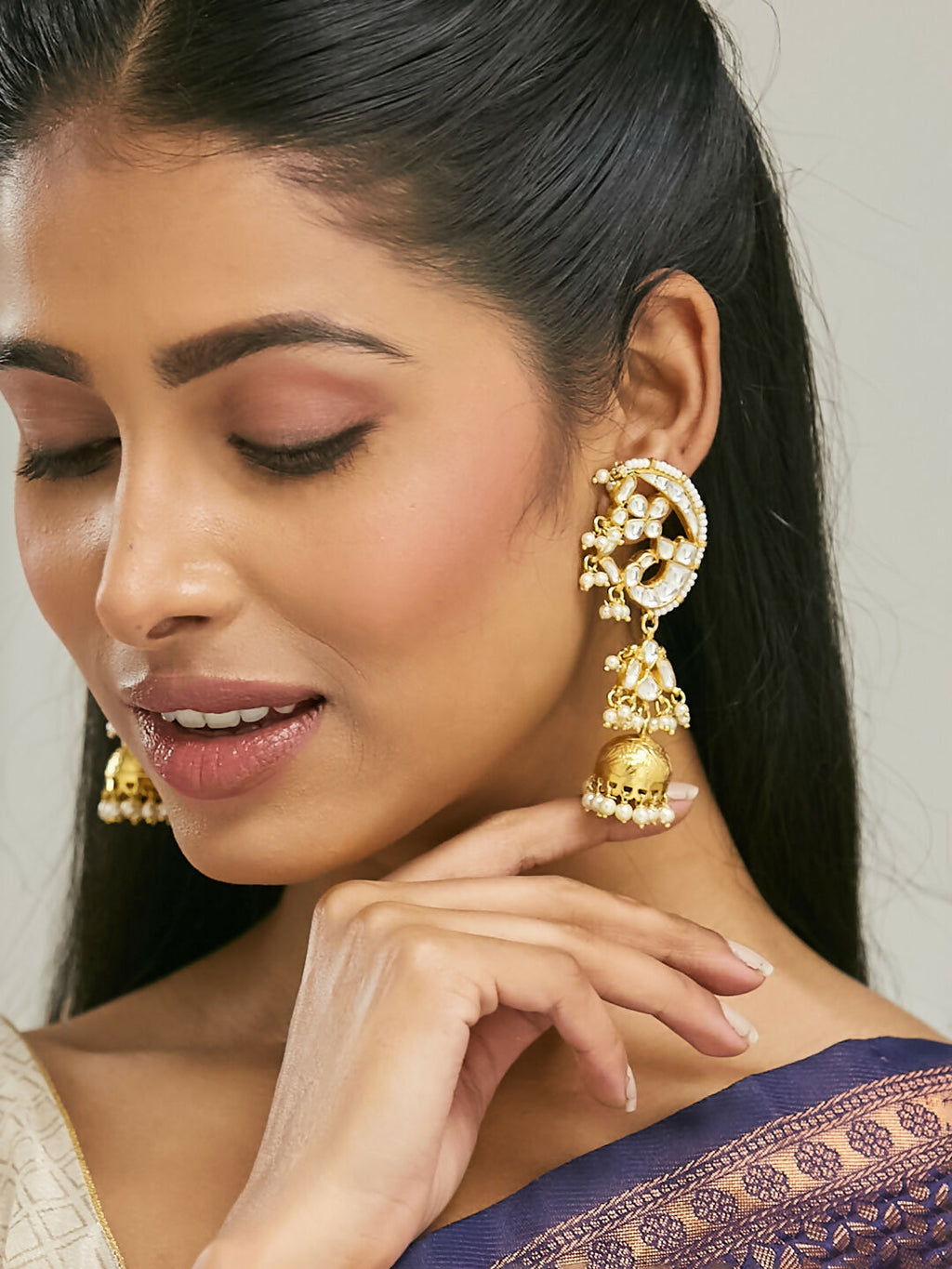 Nuyug 22K Gold-Plated Elegant Kundan Stone Studded & Pearl Drops Mini Jhumki Dangler Earrings - Distacart