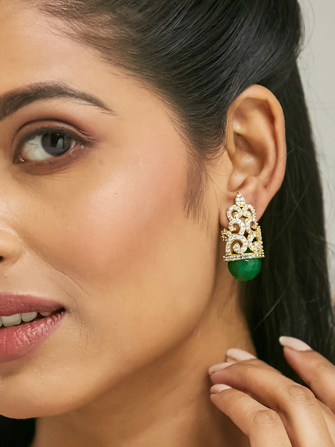 Nuyug 22K Gold-Plated Green Gemstone & Zircon Studded Contemporary Filigree Motif Studs - Distacart