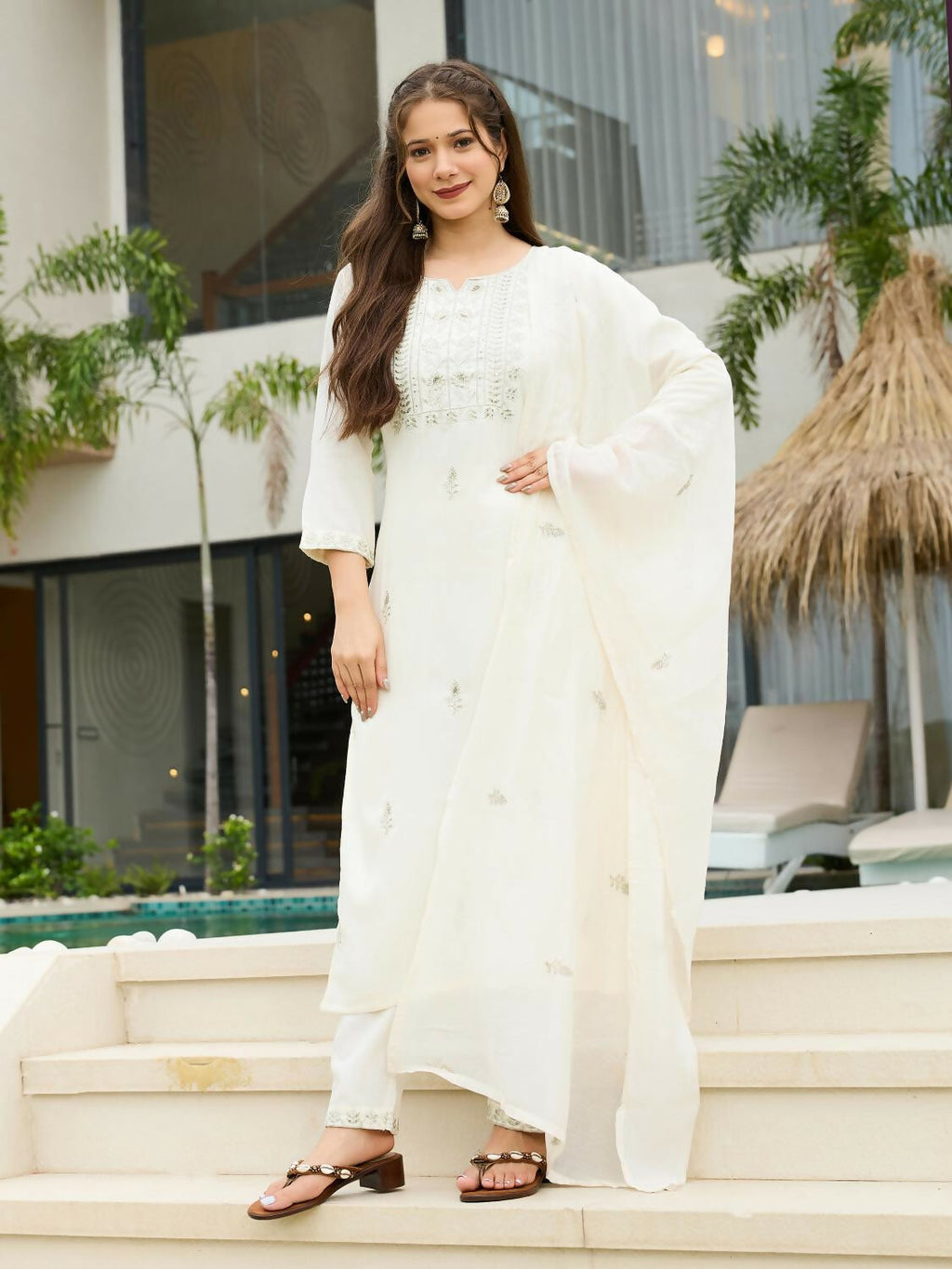The52 White Women's Beautiful Rayon Slub Fabric Embroidered Work Straight Kurta, Pant and Dupatta Set - Distacart