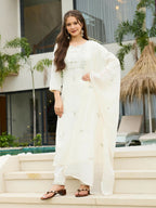The52 White Women's Beautiful Rayon Slub Fabric Embroidered Work Straight Kurta, Pant and Dupatta Set - Distacart