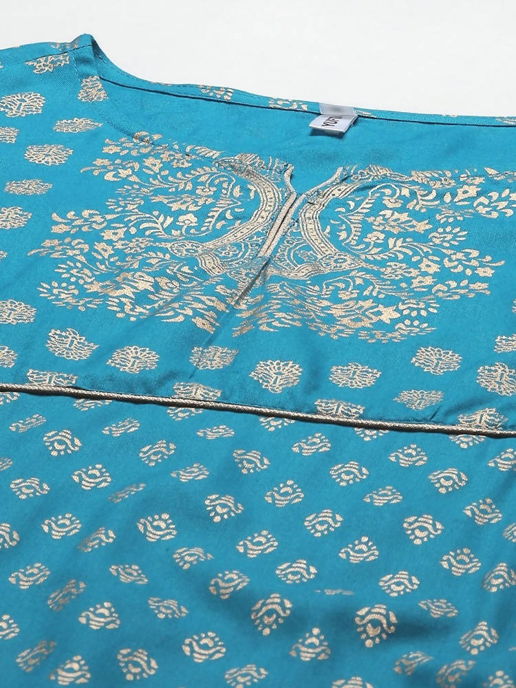 Yufta Women Teal Blue & Off-White Printed Kurta with Trouser & Dupatta