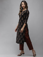 Yufta Women Black & Rust Brown Ethnic Motifs Printed Kantha Work Pure Cotton Kurta Set