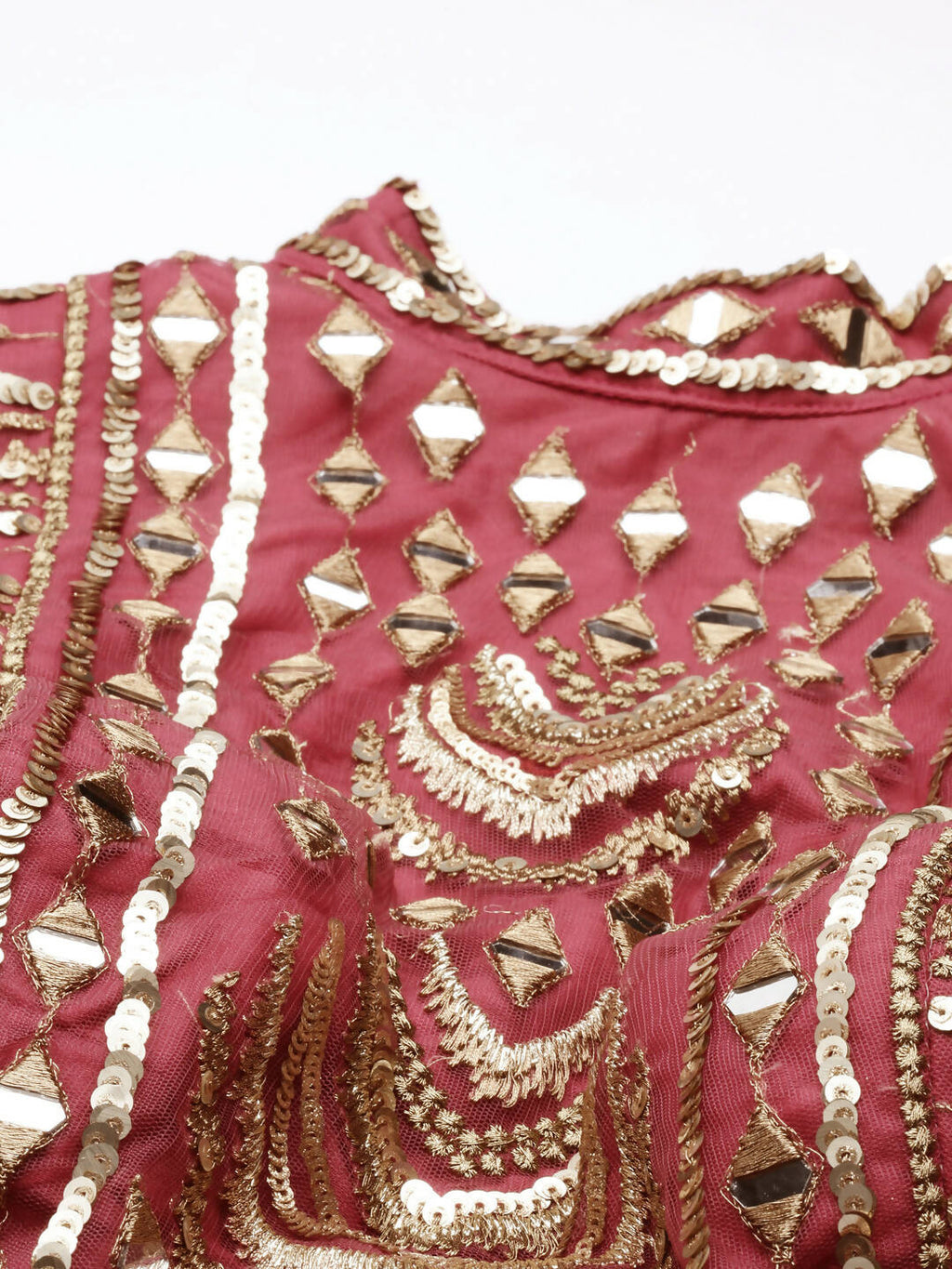 House of Panchhi Women Rosegold Net Embroidered Mirror Lehenga & Blouse with Dupatta