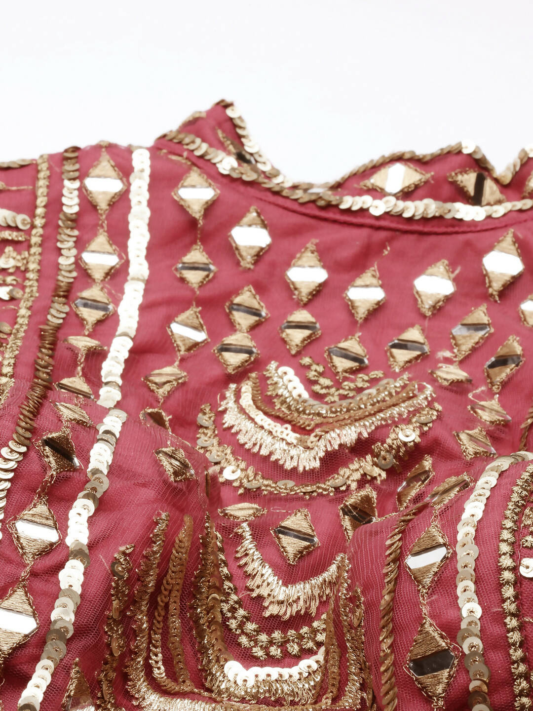 House of Panchhi Women Rosegold Net Embroidered Mirror Lehenga & Blouse with Dupatta