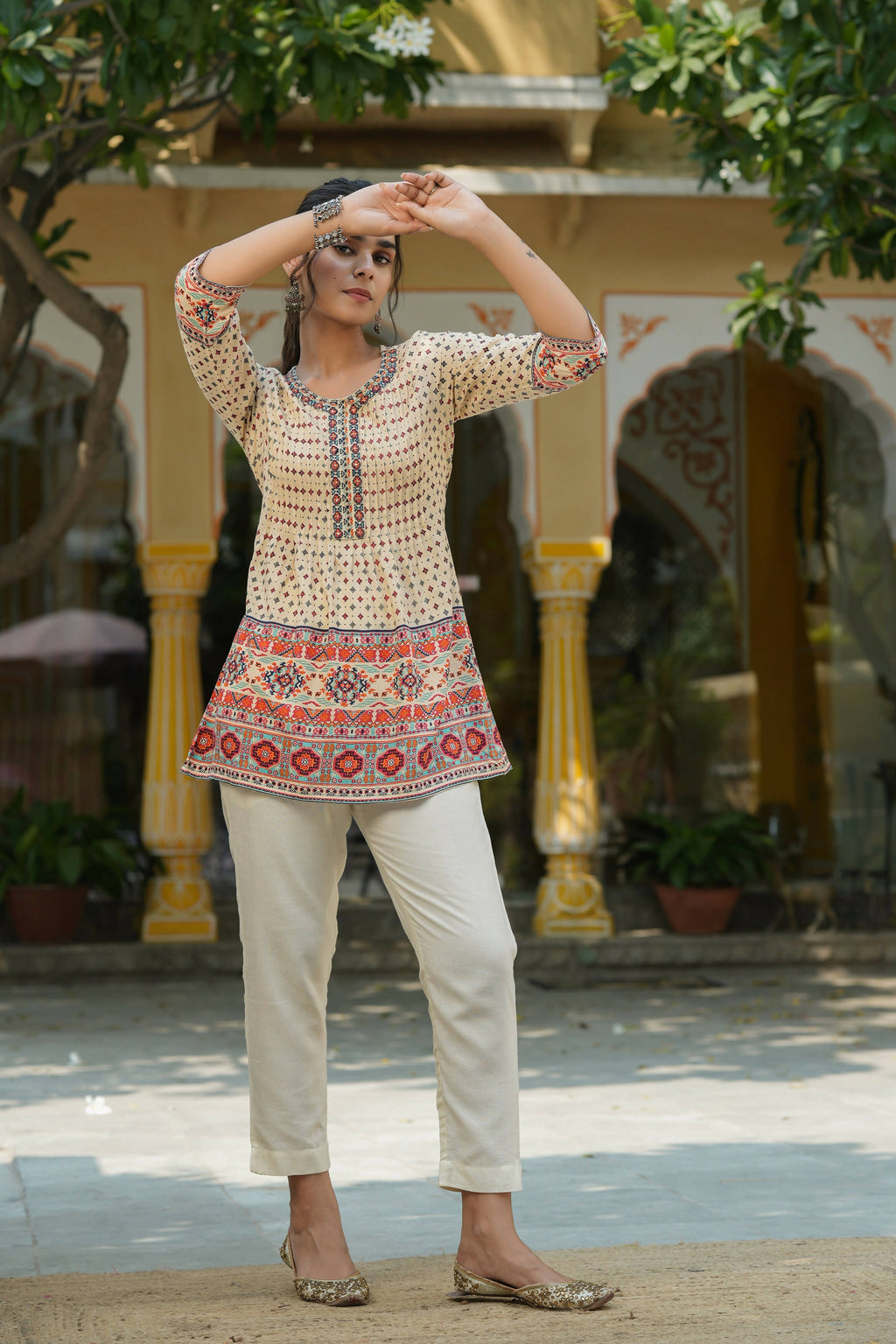 Juniper Women's Beige Rayon Printed Embroidered Tunic - Distacart