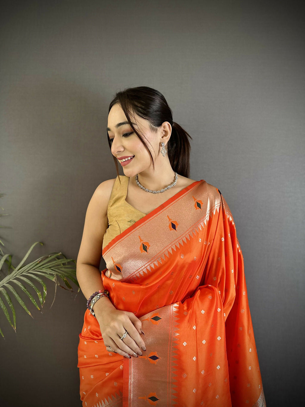 Joban Fashion Orange Peacock & Floral Motifs Soft Lichi Silk Kanchipuram Saree - Distacart