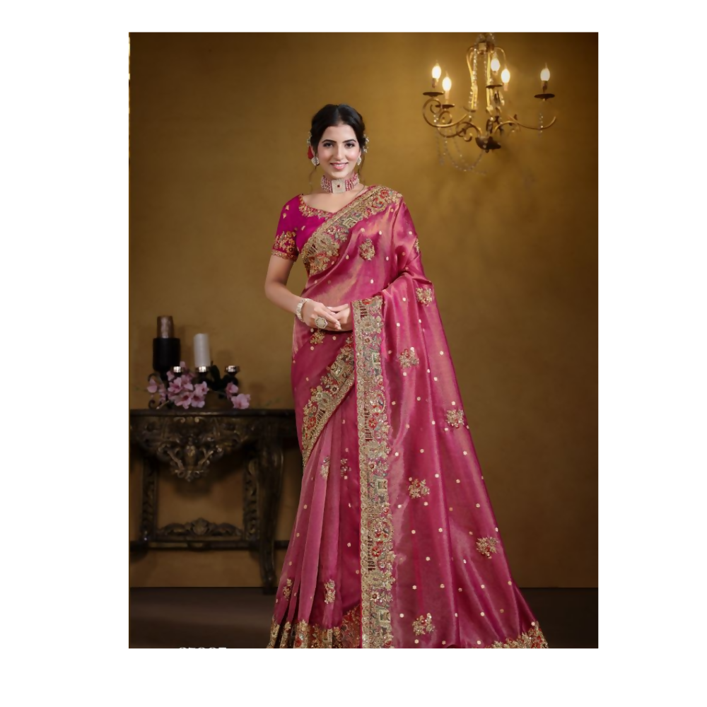 Rani Zari Organza Silk Pure Khatli work Designer Saree With Blouse. - Rajasvi
