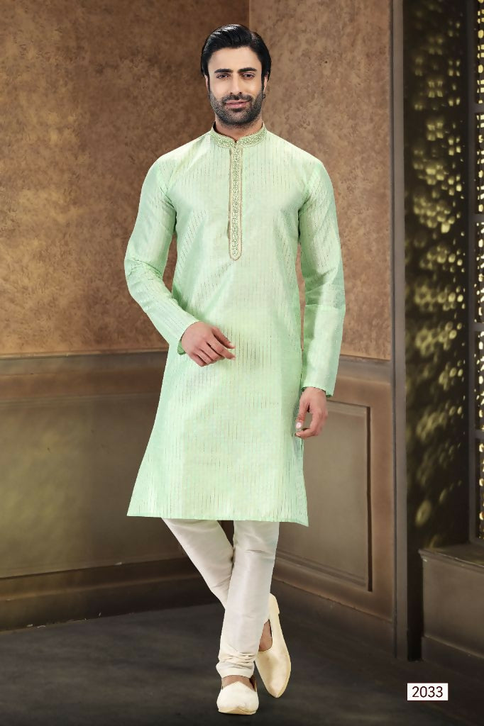 Raivat Ethnic Jacquard Art Silk Thread Work Kurta Pajama In Pista Green Colour - Distacart