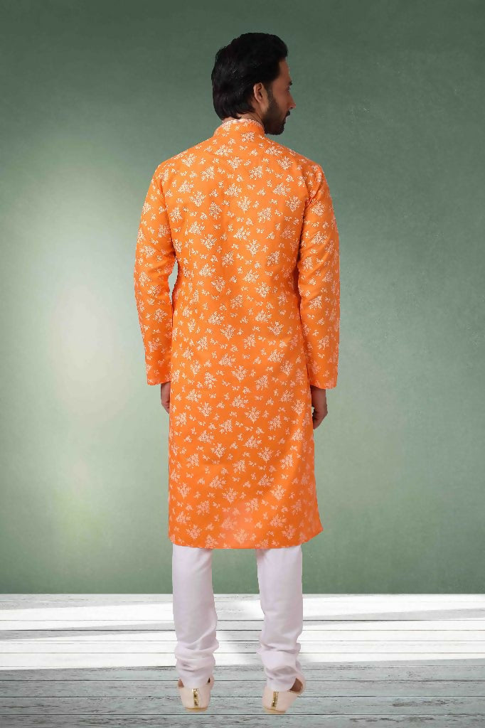 Raivat Ethnic Cotton Printed Work Kurta Pajama In Orange Colour