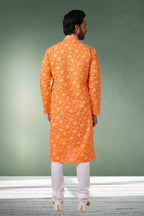 Raivat Ethnic Cotton Printed Work Kurta Pajama In Orange Colour