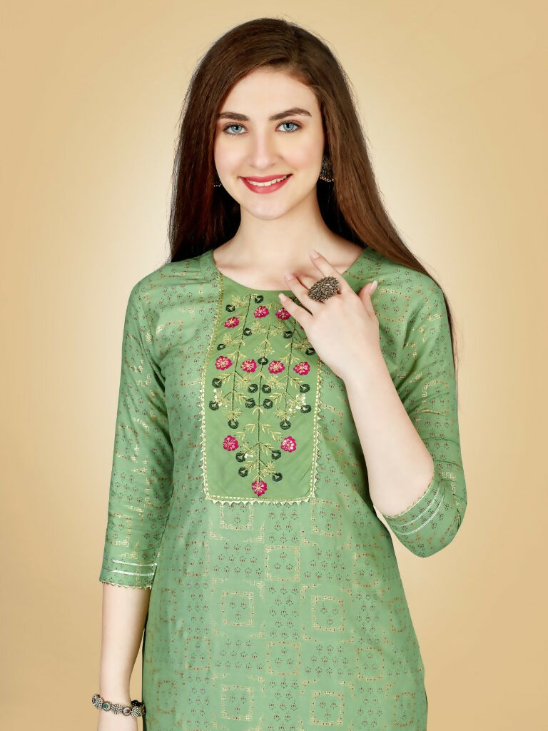 Jyoti Fashion Women's Sea Green Viscose Rayon Embroidered Kurta Pant Set