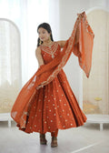 Teeya Creation Orange Color Roman Silk Embroidery Work Party Wear Gown - Distacart