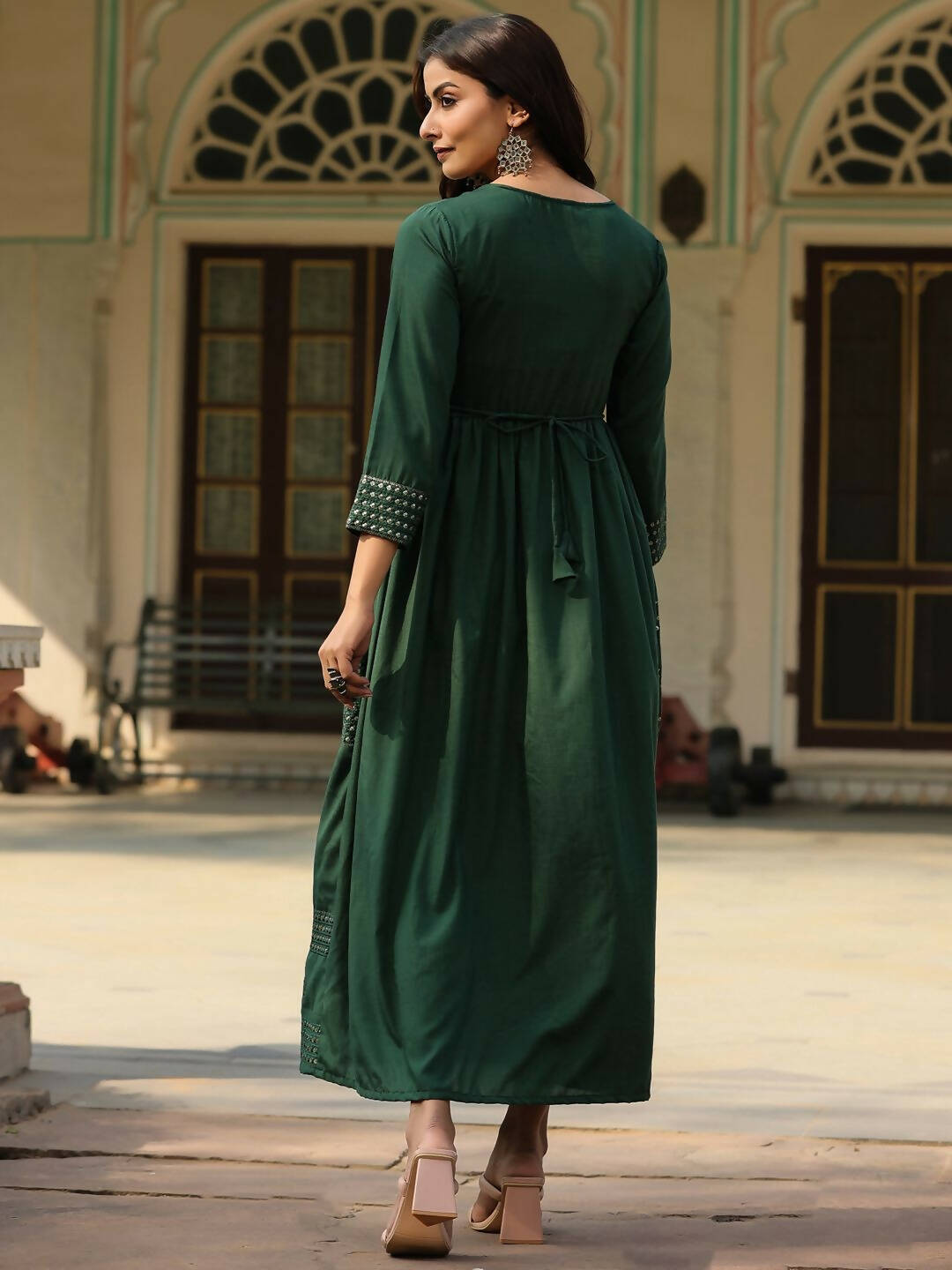 Juniper Women's Green Festive Embroiderd Flared Dress - Distacart
