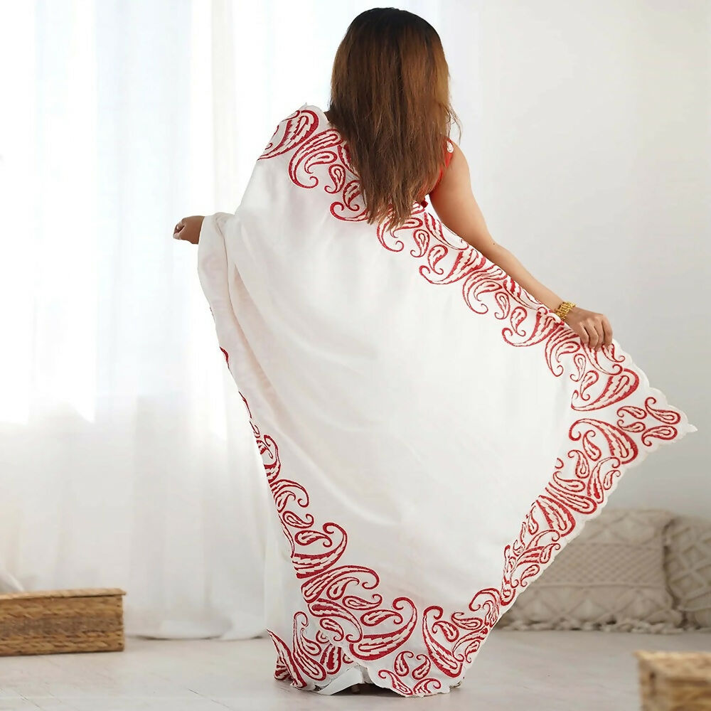 Joban Fashion Silk Blend Off White & Red Saree - Distacart