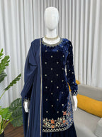 Vastranavya Blue Viscose Velvet Thread Sequence Work Kurta & Palazzo With Dupatta