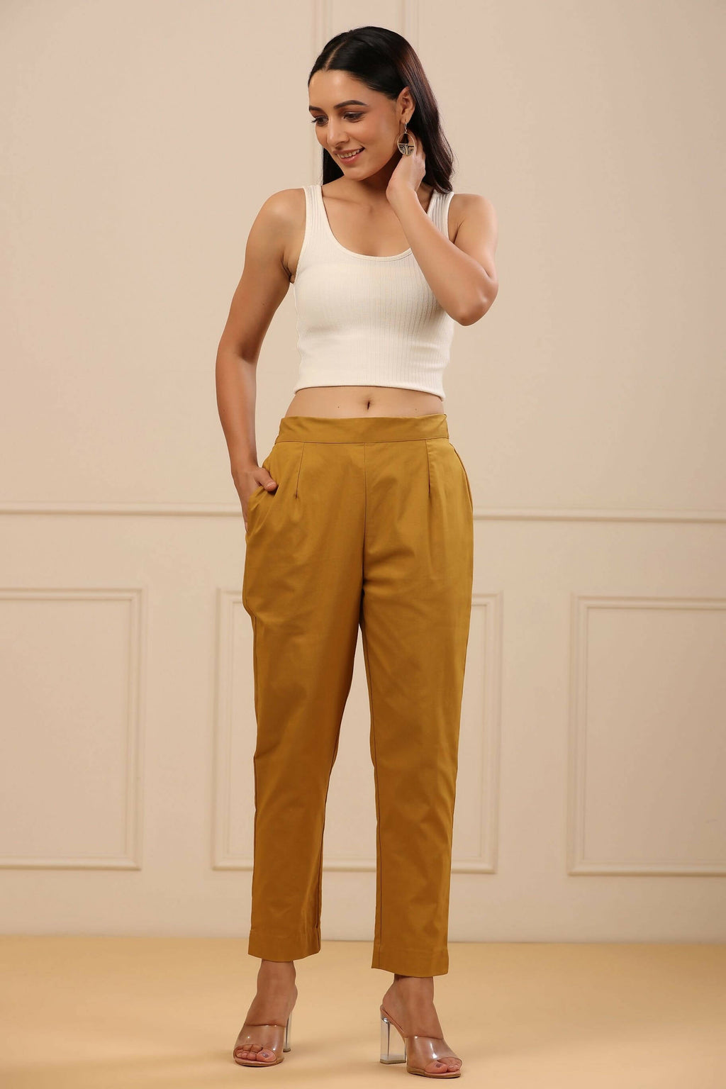 Juniper Women's Mustard Cotton Spendex Solid Straight Pant - Distacart