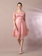 Myshka Women's Pink Solid Square Neck Fit and Flare Party Dress - Distacart