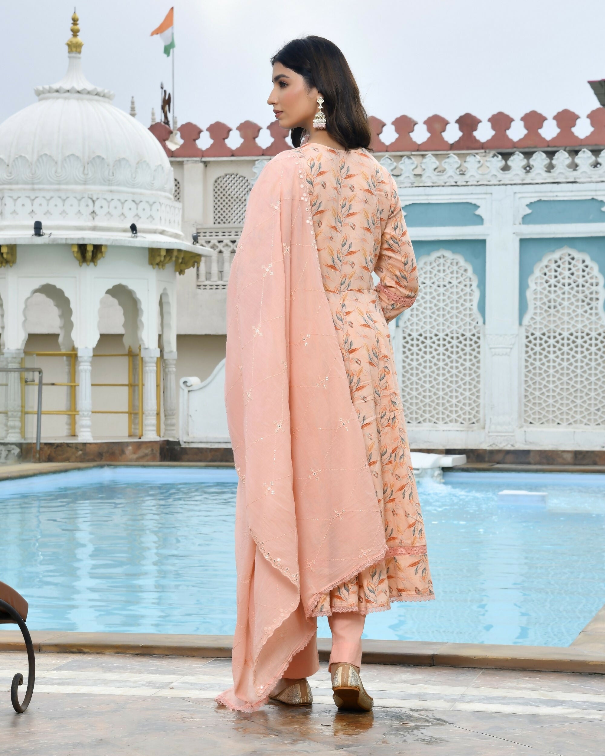 Vaasva Women's Peach Cotton Anarkali Set With Solid Pant And Embroidered Dupatta
