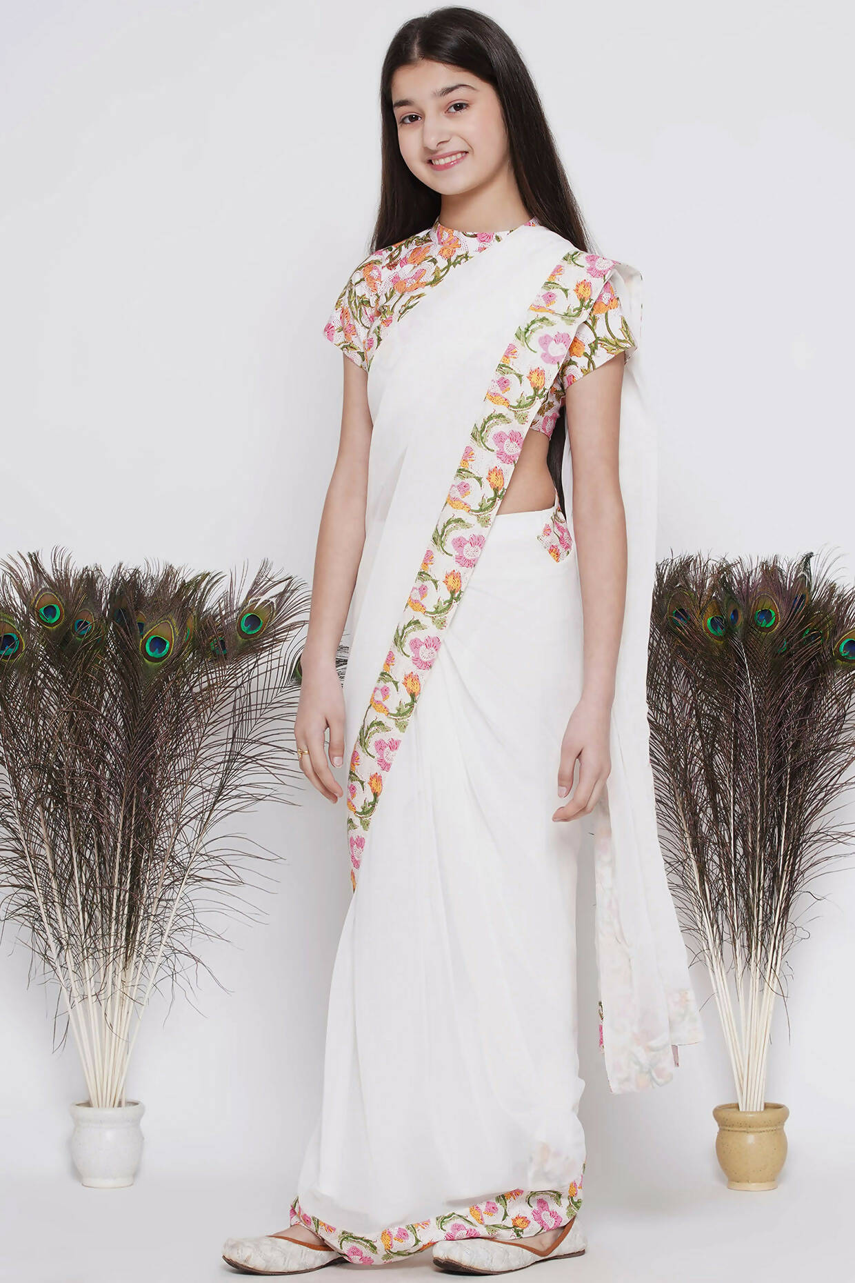 Little Bansi Floral Print Ready To Wear Saree And Floral Blouse - White