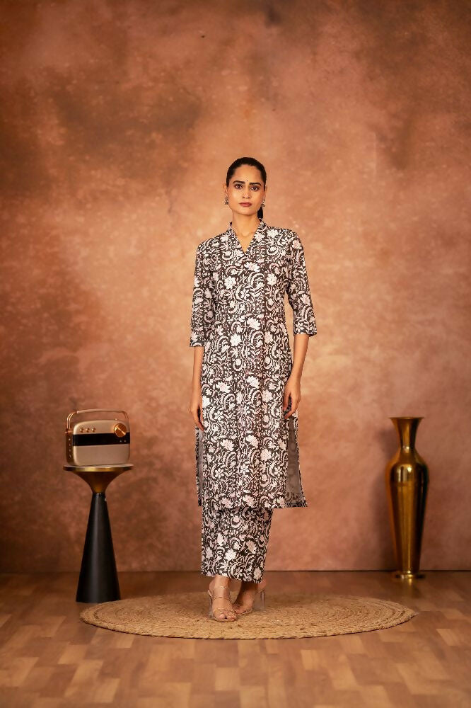 Joban Fashion Black Floral Hand Block Printed Cotton Kurta Pant Set - Distacart