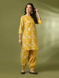 Myshka Women's Yellow Printed Cotton Round Neck Party Tunic With Trousers Co-ord set
