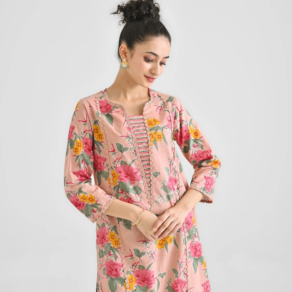 Lorenvalley Peach Cotton Slub Printed with Lace Work Kurta Set - Distacart