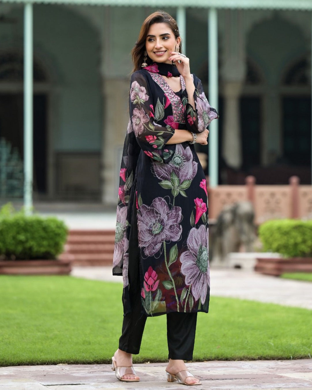 Lorenvalley Black Georgette Printed with Embroidery Work Kurta Set - Distacart