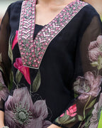 Lorenvalley Black Georgette Printed with Embroidery Work Kurta Set - Distacart