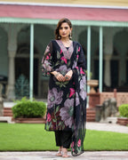 Lorenvalley Black Georgette Printed with Embroidery Work Kurta Set - Distacart