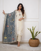 Lorenvalley Offwhite Viscose Chanderi Embroidered Multi Sequence work Kurta Set - Distacart