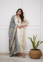 Lorenvalley Offwhite Viscose Chanderi Embroidered Multi Sequence work Kurta Set - Distacart