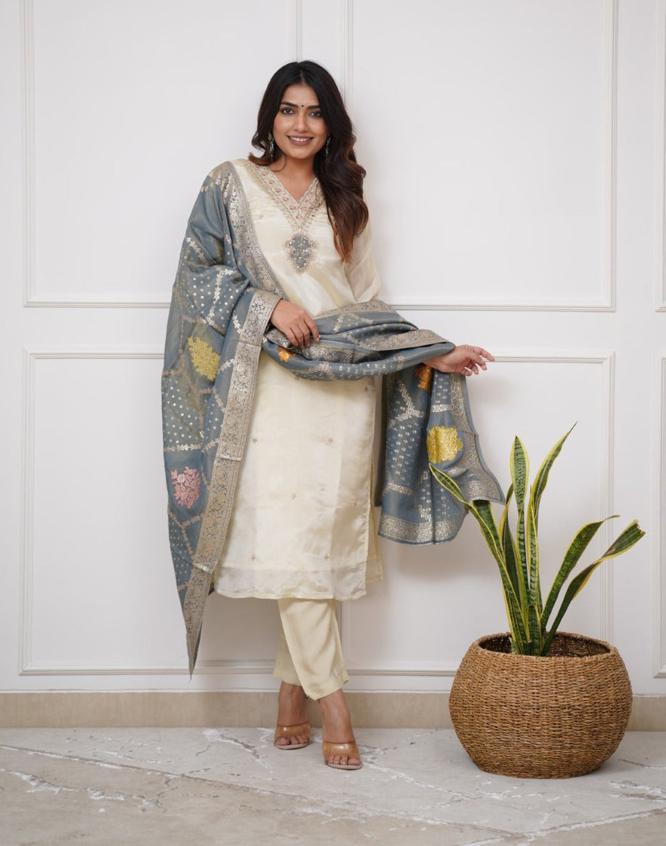 Lorenvalley Offwhite Viscose Chanderi Embroidered Multi Sequence work Kurta Set - Distacart