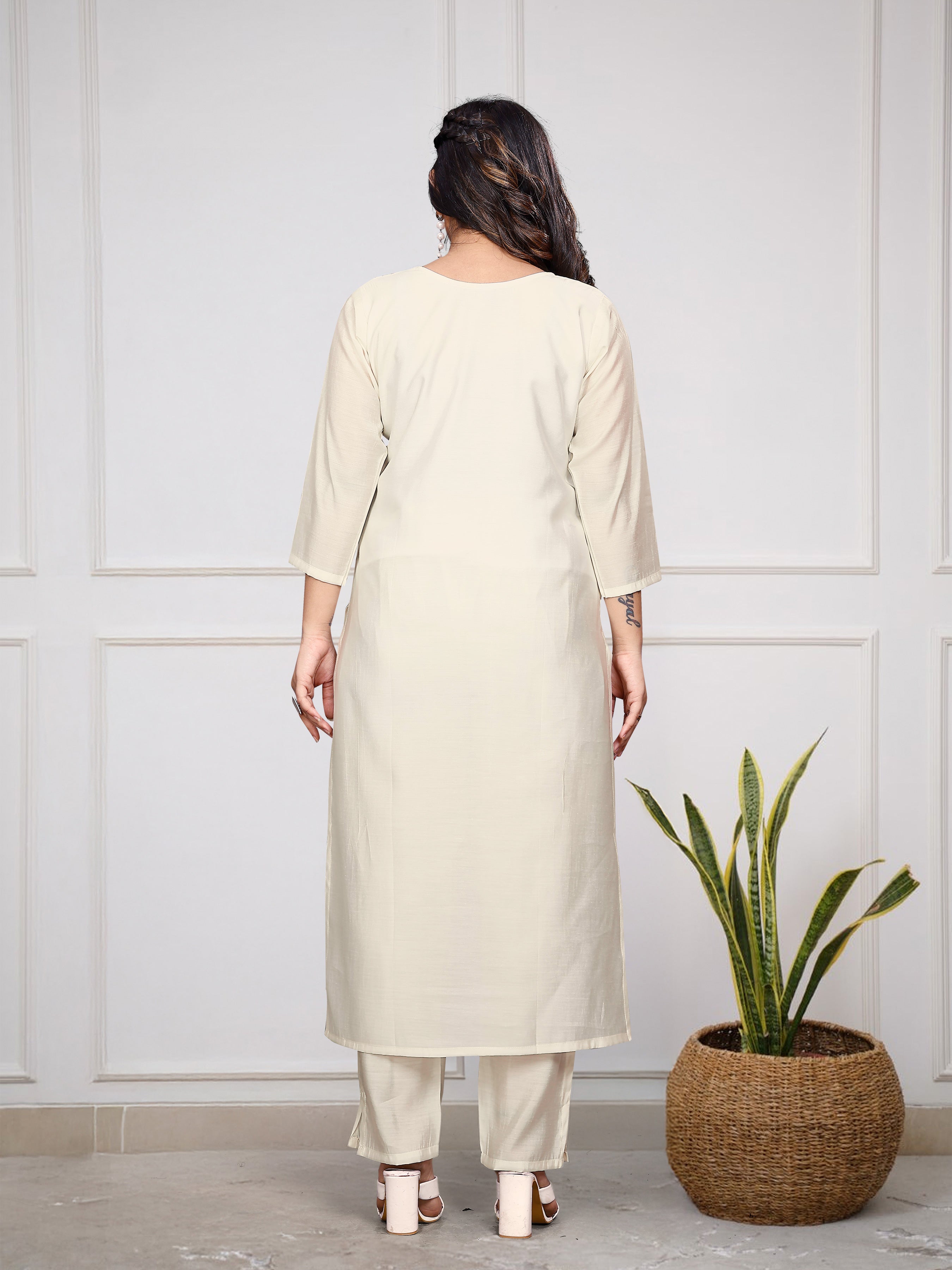 Lorenvalley Offwhite Viscose Chanderi Embroidered Multi Sequence work Kurta Set - Distacart