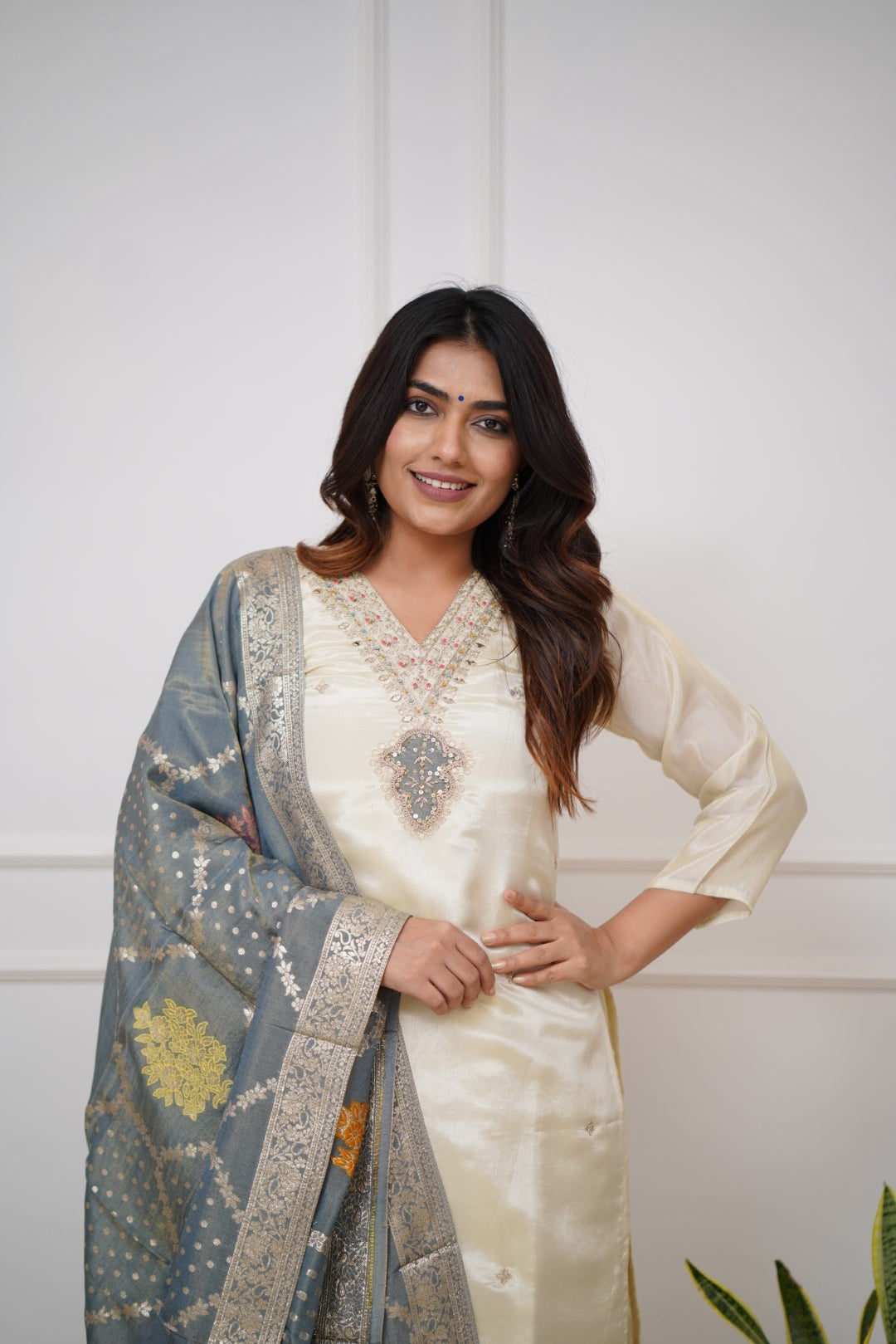 Lorenvalley Offwhite Viscose Chanderi Embroidered Multi Sequence work Kurta Set - Distacart
