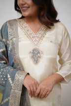 Lorenvalley Offwhite Viscose Chanderi Embroidered Multi Sequence work Kurta Set - Distacart