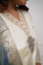 Lorenvalley Offwhite Viscose Chanderi Embroidered Multi Sequence work Kurta Set - Distacart