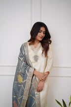 Lorenvalley Offwhite Viscose Chanderi Embroidered Multi Sequence work Kurta Set - Distacart