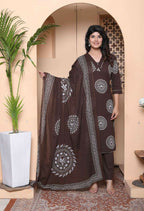 Miravan Womens Animal Print Cotton Brown Stitched Kurta Palazzo With Dupatta Set - Distacart