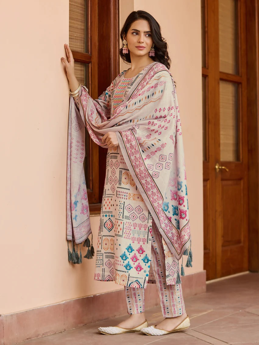 Lorenvalley Cream Cotton Printed Kurta Set - Distacart