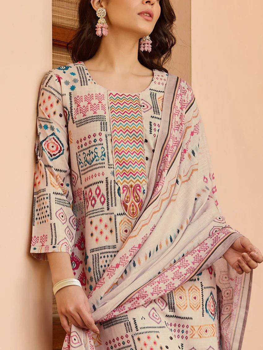 Lorenvalley Cream Cotton Printed Kurta Set - Distacart