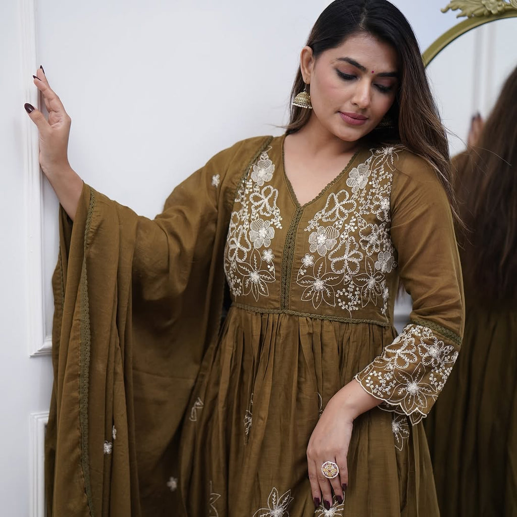 Lorenvalley Brown Cotton Silk Embroidered And Chikan Lace Work Kurta Set - Distacart
