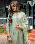 Lorenvalley Seagreen Muslin Silk Embroidered work Kurta Set - Distacart
