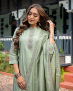 Lorenvalley Seagreen Muslin Silk Embroidered work Kurta Set - Distacart