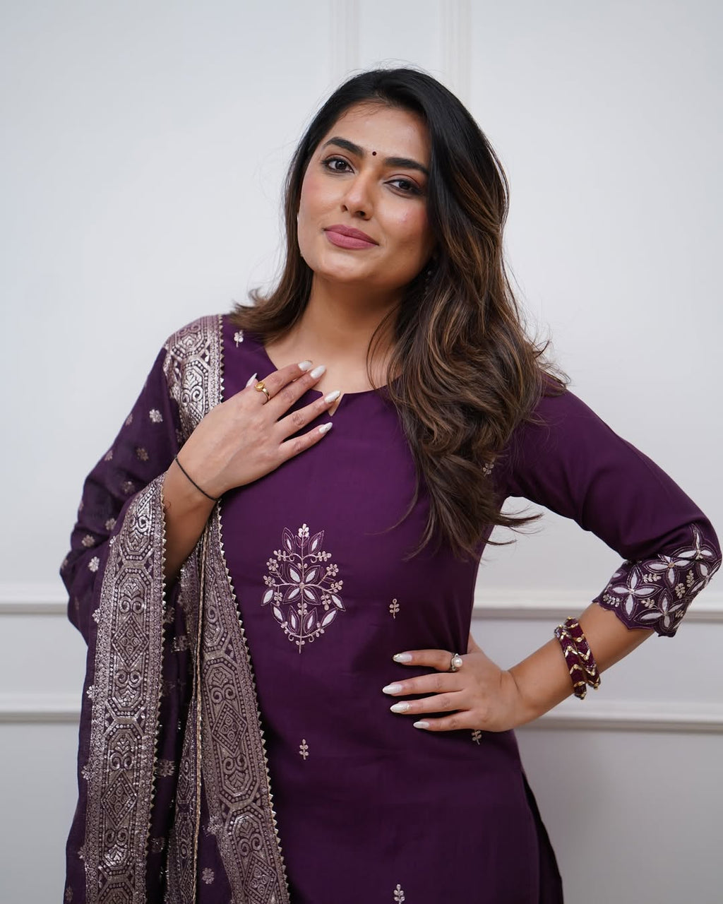 Lorenvalley Purple PV Chanderi Embroidered work Kurta Set