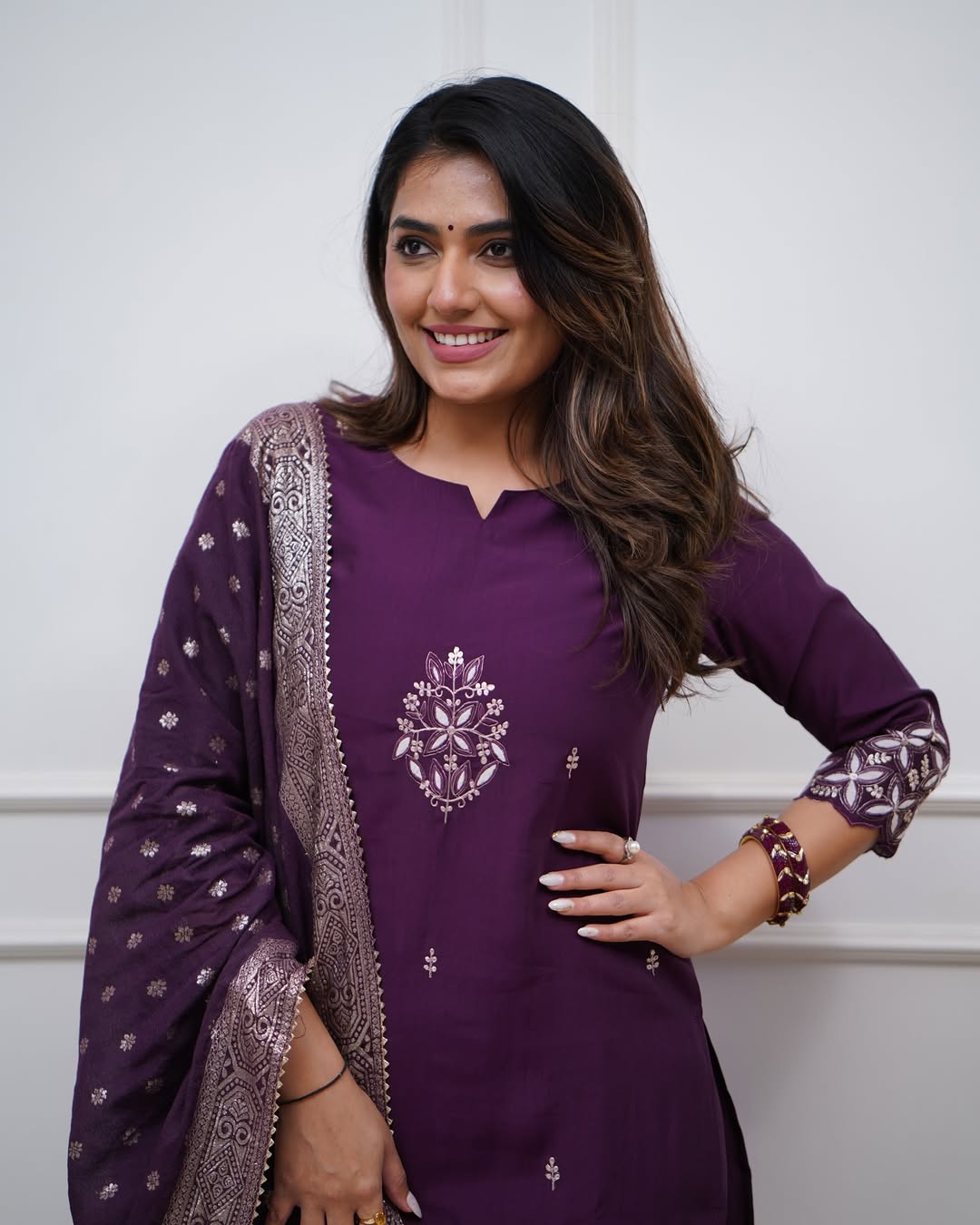Lorenvalley Purple PV Chanderi Embroidered work Kurta Set