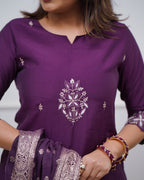 Lorenvalley Purple PV Chanderi Embroidered work Kurta Set