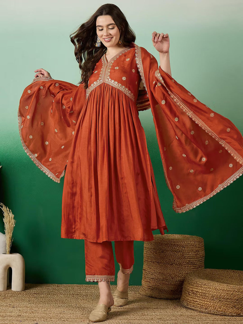 Lorenvalley Rust Muslin Silk Embroidered work Kurta Set - Distacart