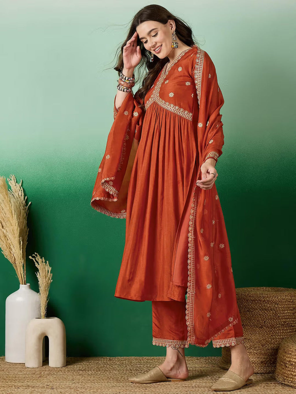 Lorenvalley Rust Muslin Silk Embroidered work Kurta Set - Distacart