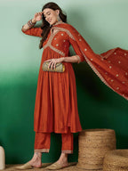 Lorenvalley Rust Muslin Silk Embroidered work Kurta Set - Distacart