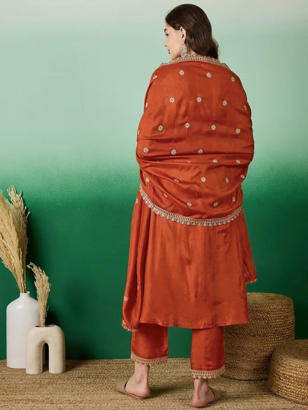 Lorenvalley Rust Muslin Silk Embroidered work Kurta Set - Distacart